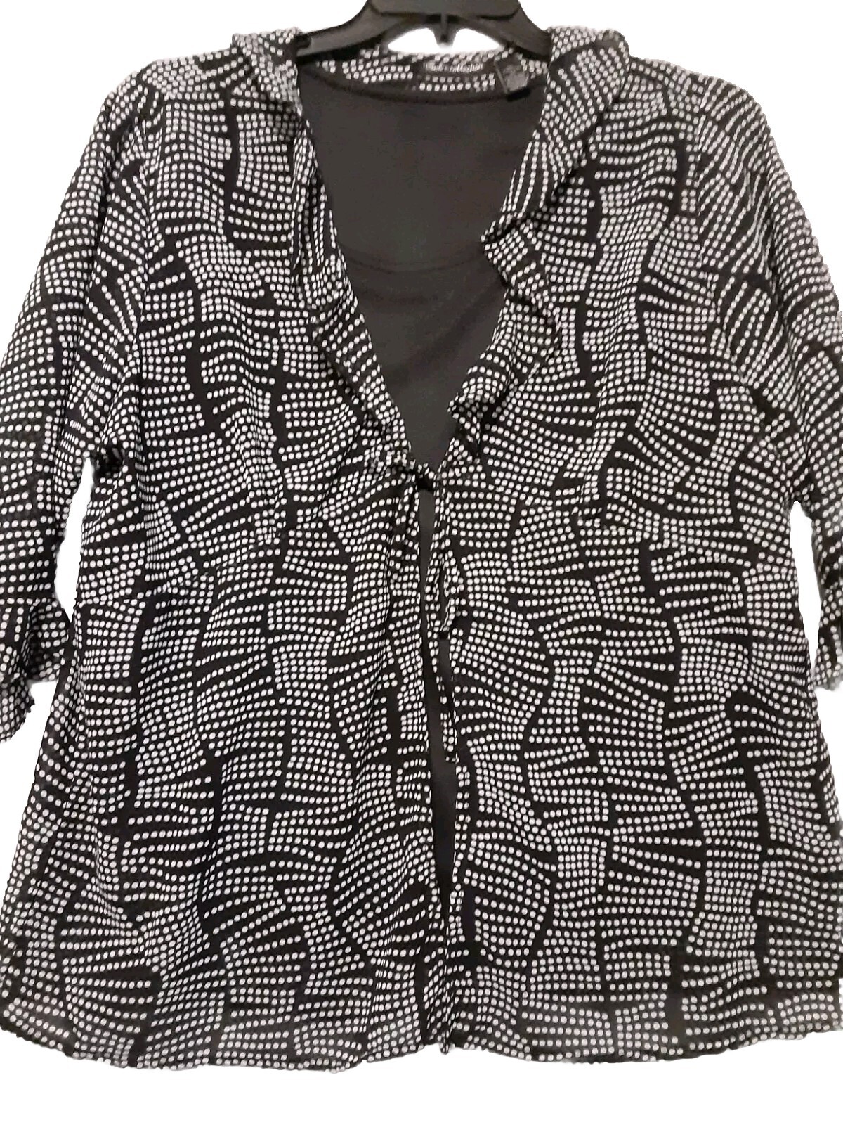 Club Z Collection Sz 1X 2 Piece Set Blouse Black White Polka Dot Ruffled 3/4 Sl
