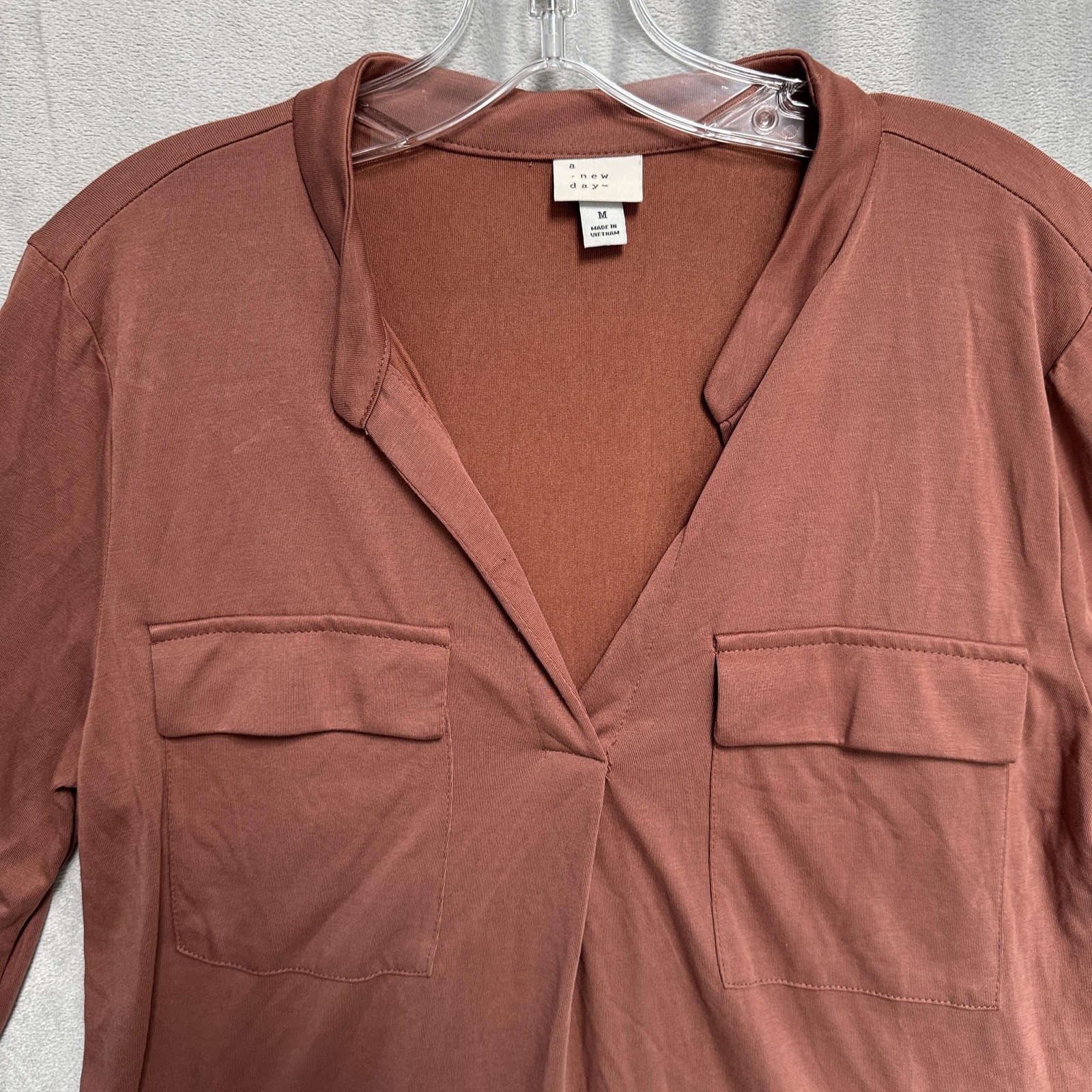 A New Day Shirt Womens Medium Brown Split Neck Long Sleeve Modal Blend Blouse