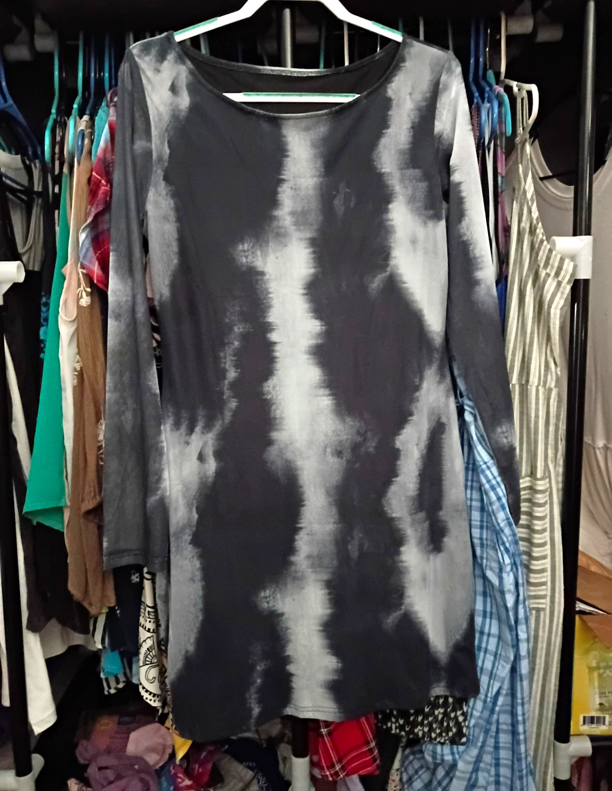 Women’s Black/Gray Tie-Dye Long Sleeve Pullover Round Neck Stretch Top XXL