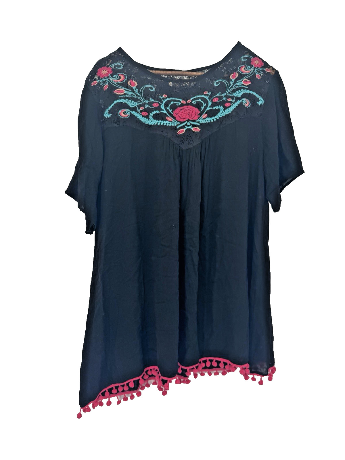 Oversized Embroidered Boho Tunic Black pompom trim festival country western L