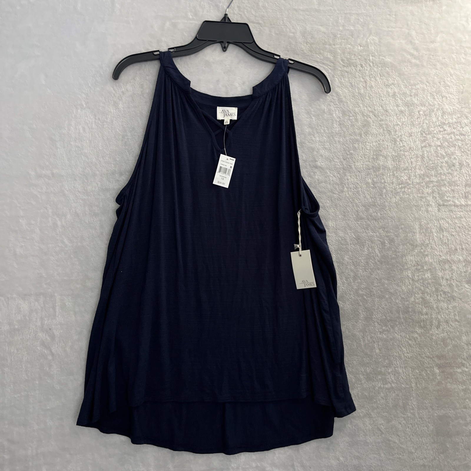 Ava James Womans Blouse Top Blue Solid Plus 1X Rayon Sleeveless V Neck Pullover