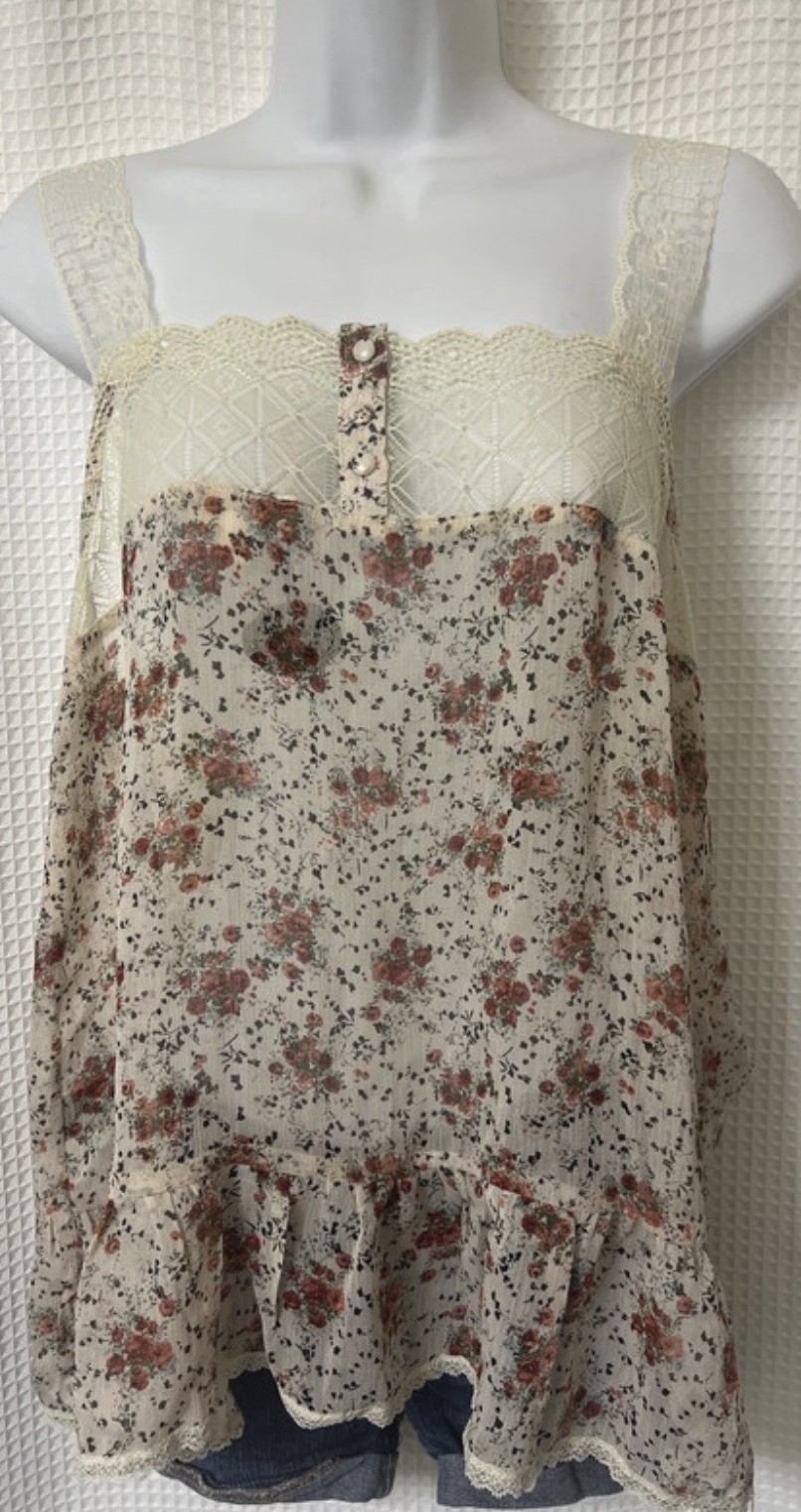 POL Boho Lace Camisole Womens L Tank Top Sleeveless Flowy Feminine Ruffle Hem