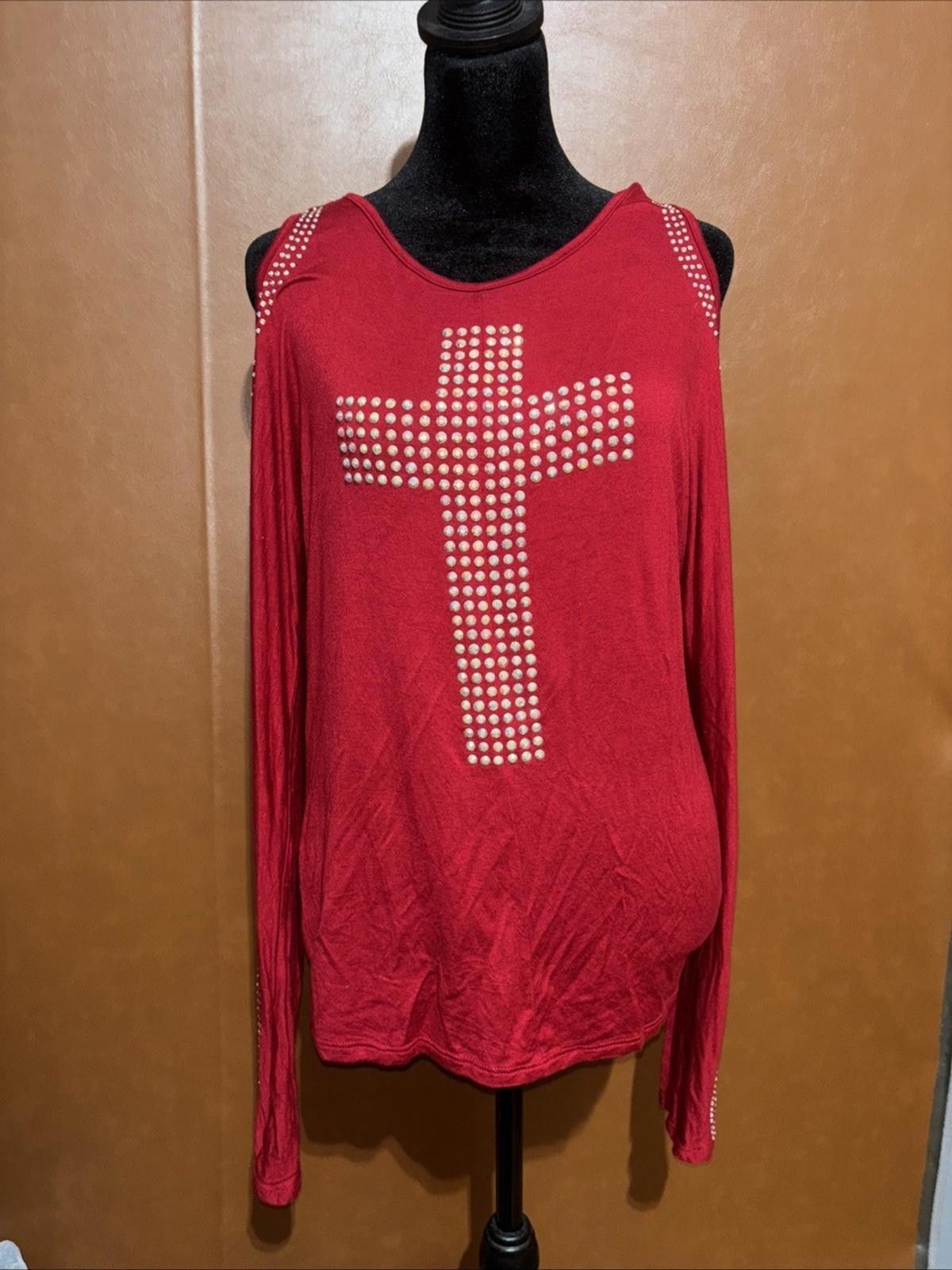 VOCAL Rhinestone Embellished Cross Open Shoulder Top Shirt Long Sleeve S CubJ10