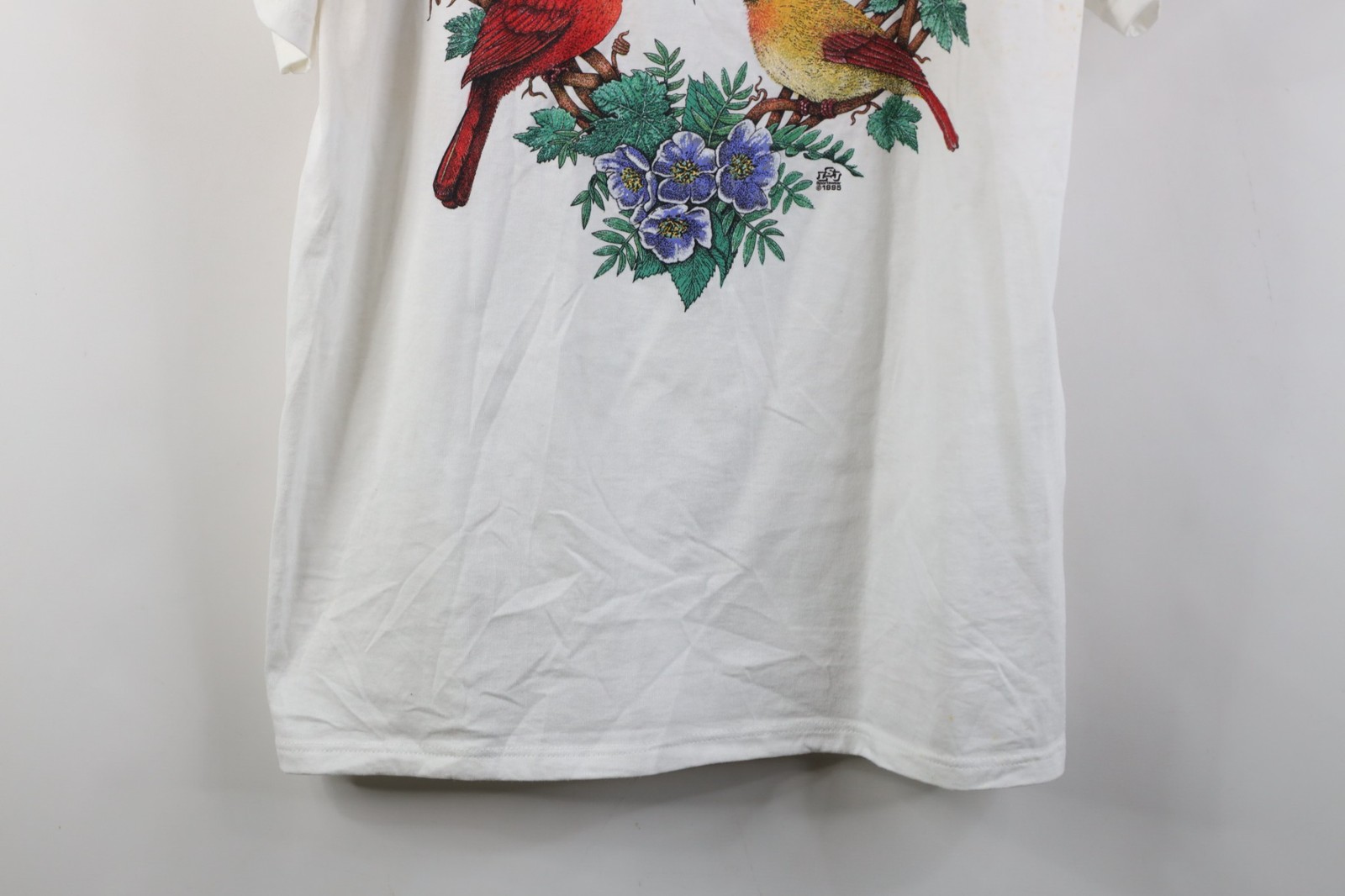 Deadstock Vtg 90s Streetwear Womens Large Heart Bird Flower T-Shirt White USA