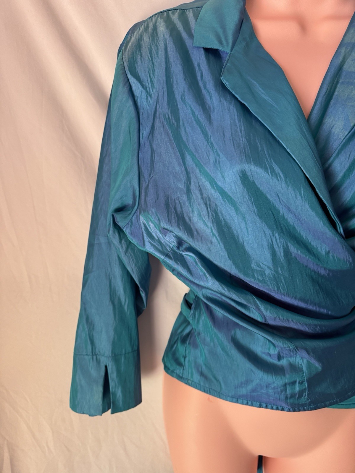 Ellen Tracy Blouse Size 16 Long Sleeve Teal Top Wrap Around