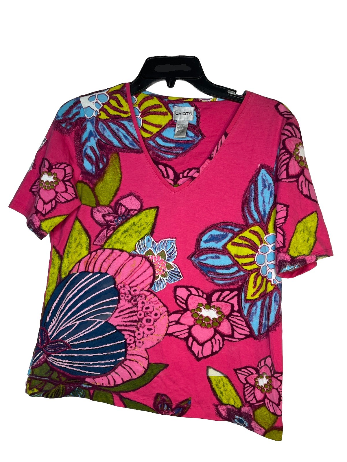 Chicos Art Print Modern Floral Painted Botanical Flower Short slv 1 Top M 6 8
