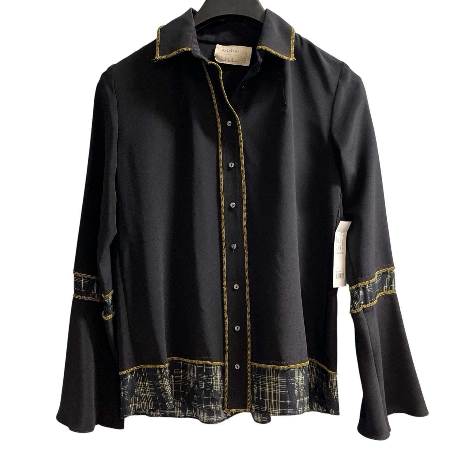 Nicole Miller Artelier Top Black Silk Blend Button Down Blouse PXL Office Artsy
