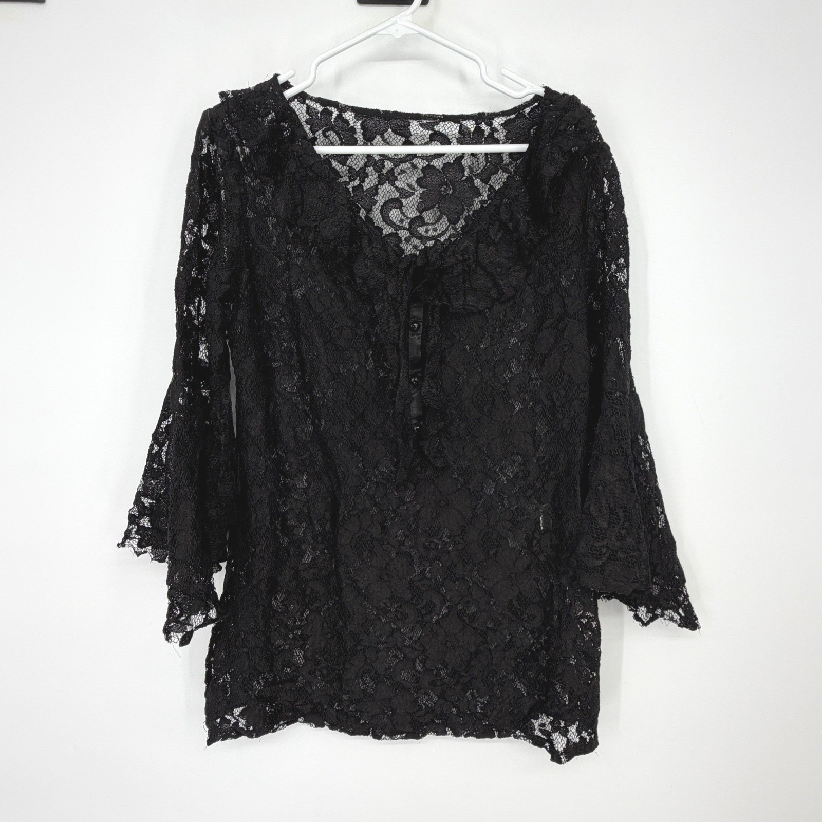 Black Floral Lace Ruffle V-Neck Bell Sleeve Blouse Top Victorian Fairy Made USA