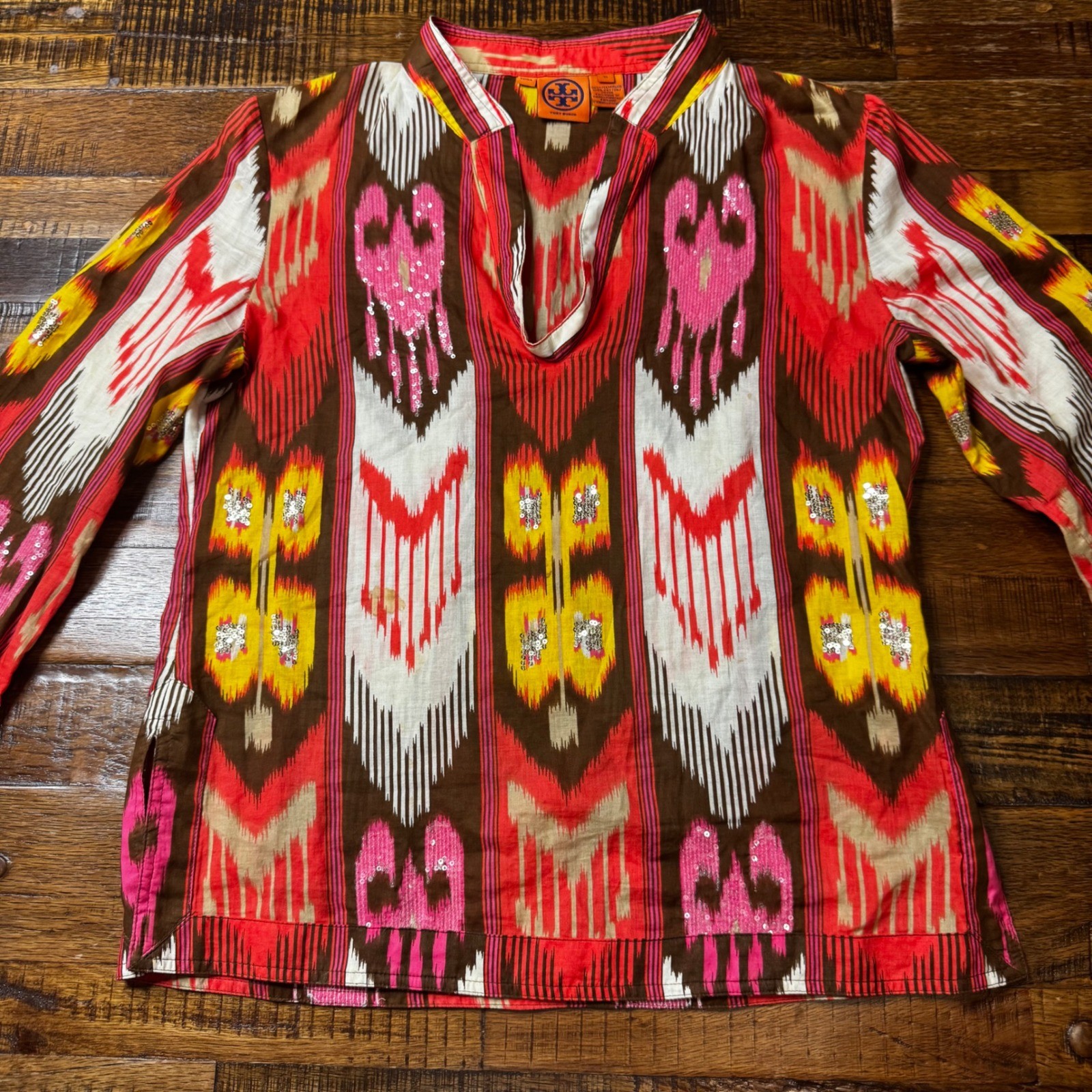 Tory Burch Stephanie Sequin Embellished Cotton Tunic Red Pink Brown Womens 10
