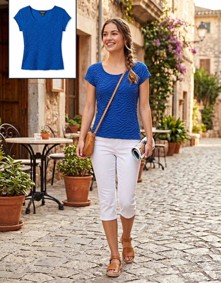 Liz Claiborne Women’s Petite PS Blue Textured Knit Scoop Neck Stretch Cap Top