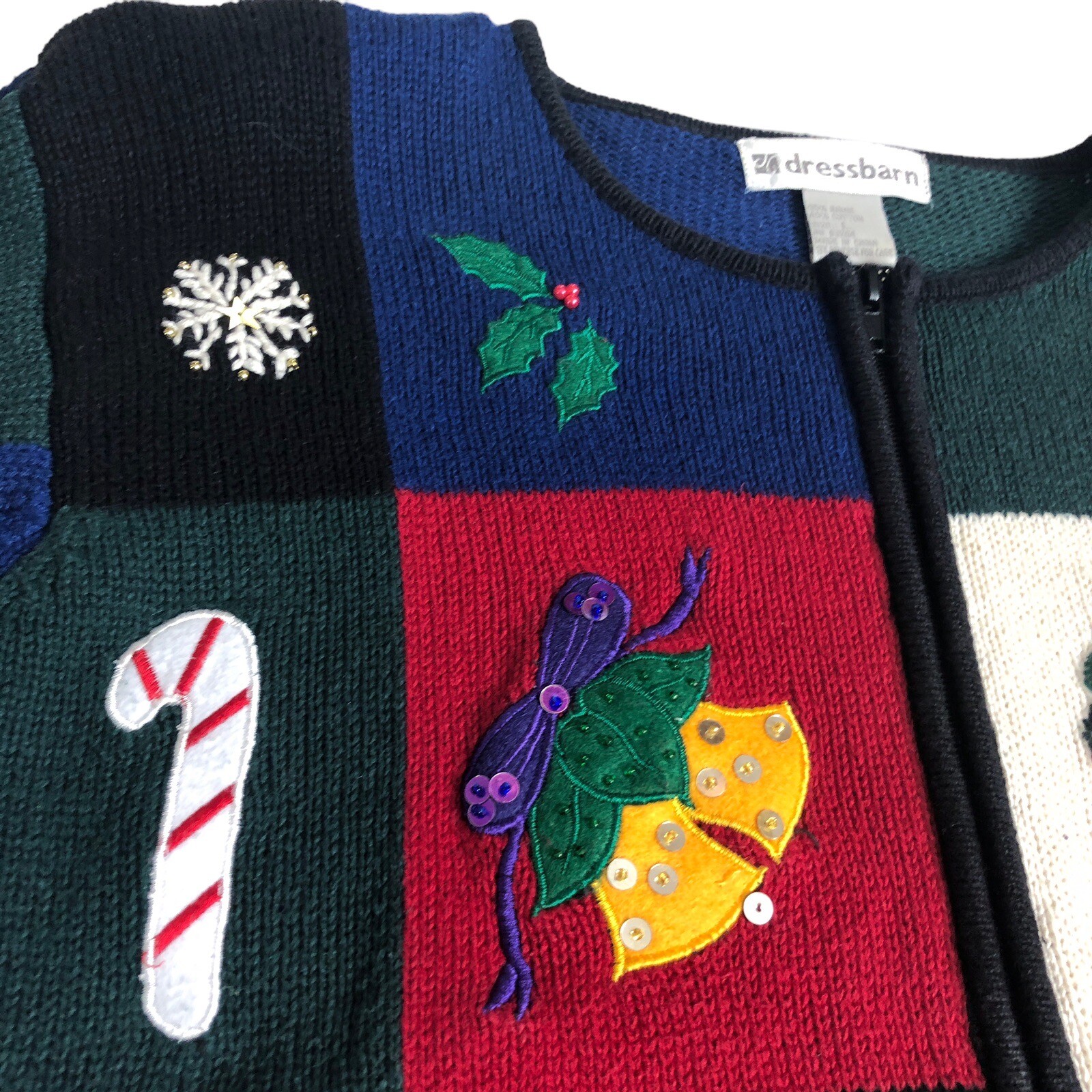 Vintage Dressbarn Christmas Cardigan Sweater Women L Knit Patchwork Sequin Zip