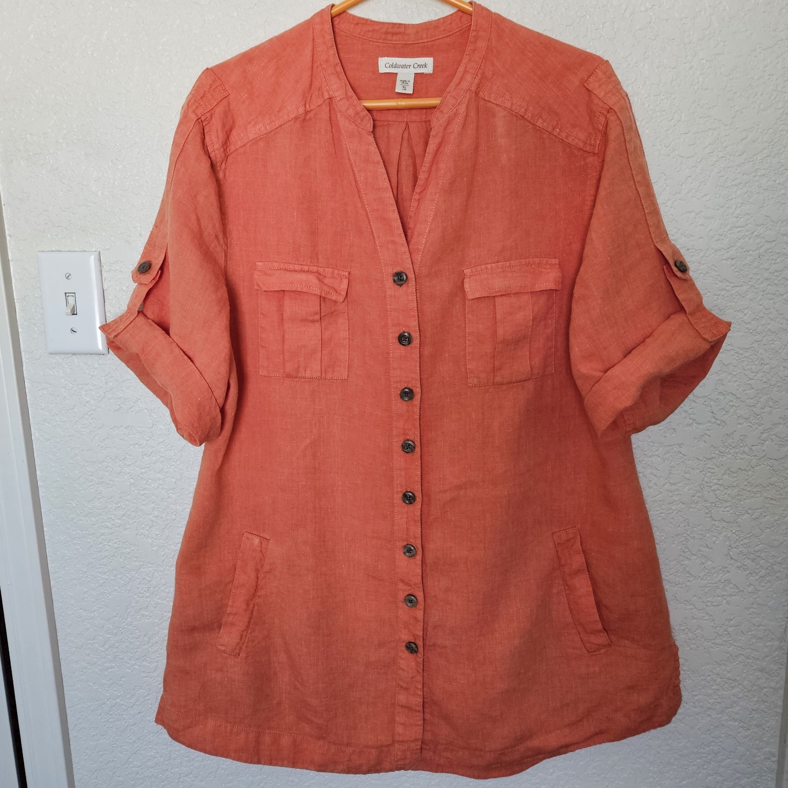 Coldwater Creek Womens XL Orange Linen Tunic Top Flared Lagenlook Coastal