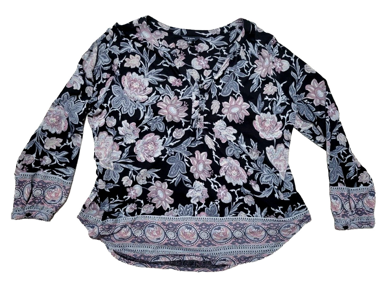 Lucky Brand Womens Black & Tan Floral Long Sleeve Top Bell Sleeve Boho Medium
