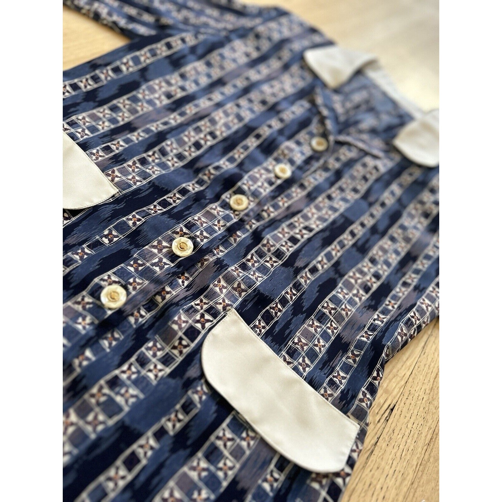 70s Mod Blouse Blue White Gold Buttons Size M Shirt