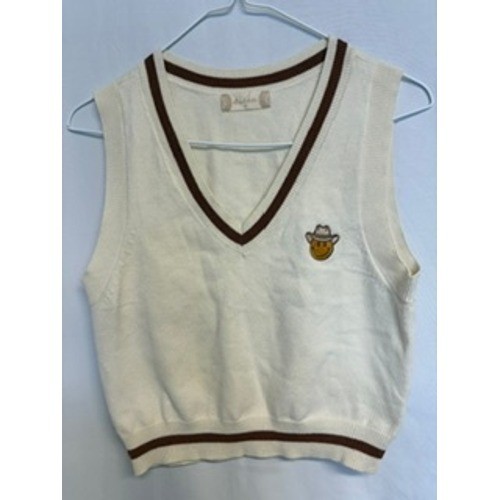 Altar’d State Cream Smiley Face Cowboy Hat V-Neck Sweater Vest Brown Trim Small