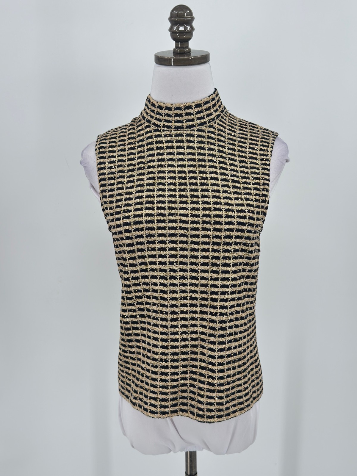 St. John Black Gold Striped Metallic Paillette Zip Shoulder Sleeveless Top Sz P