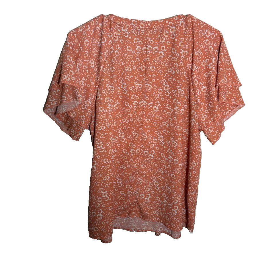 Blue Sol Blouse Women’s Medium Orange Floral Short Sleeve V-Neck Artsy Shirt Top