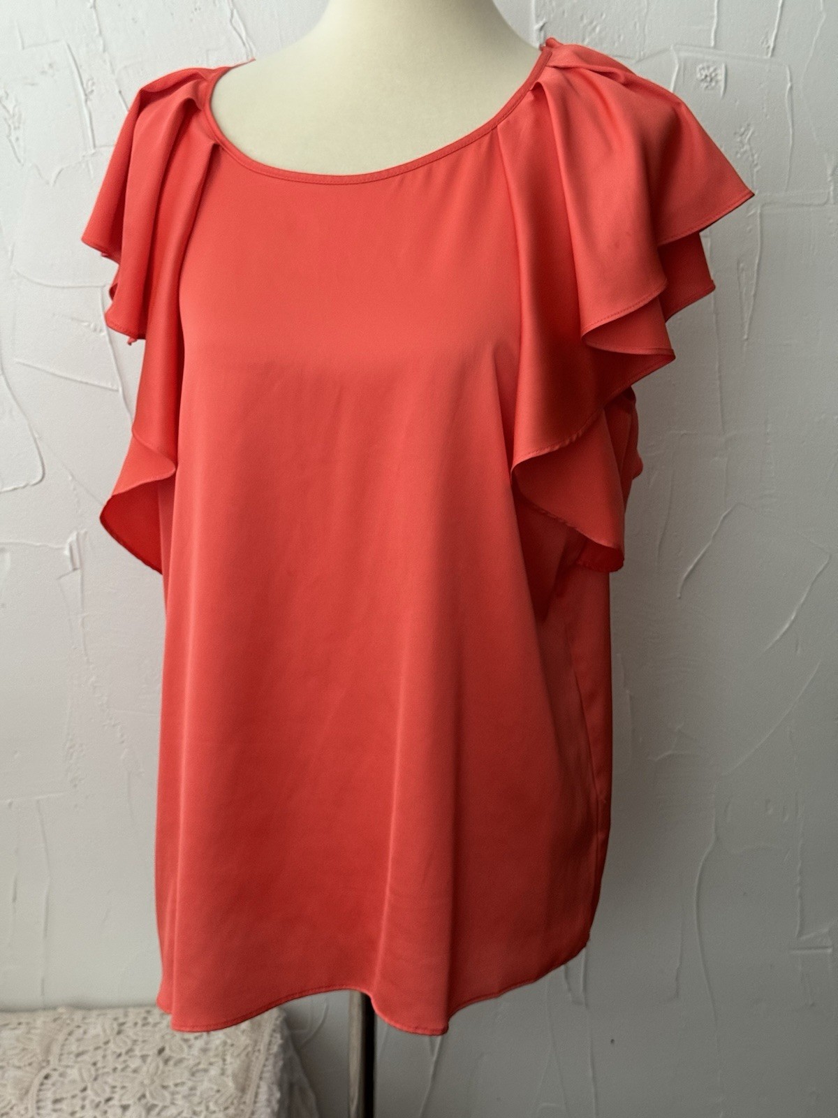Worthington Top (L) Silky Satin Orange Cape Ruffle Short Slv Easy Care Feminine