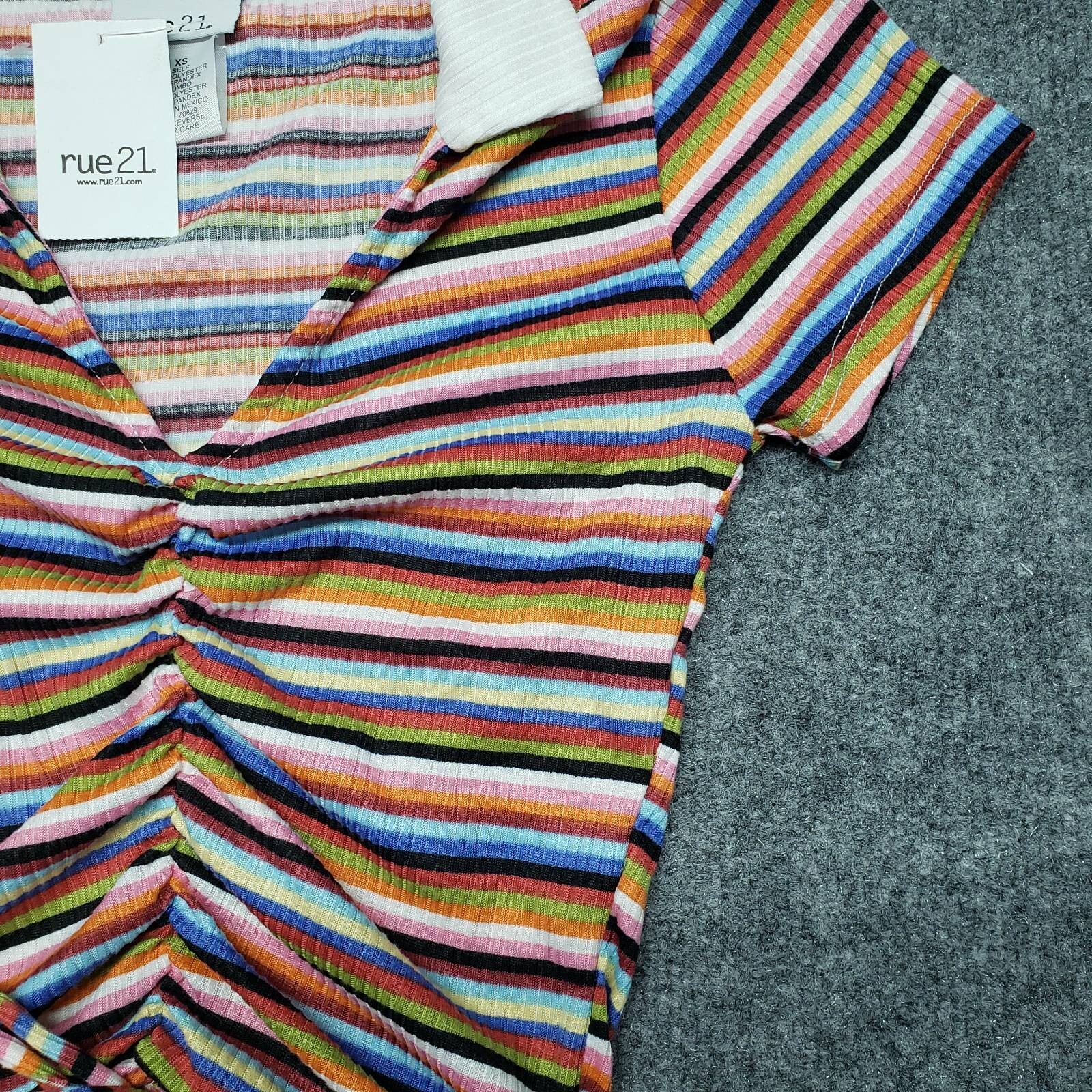 Rue21 Crop Top Womens XS Multicolor Striped Short Sleeve V-Neck Ruched Tie New
