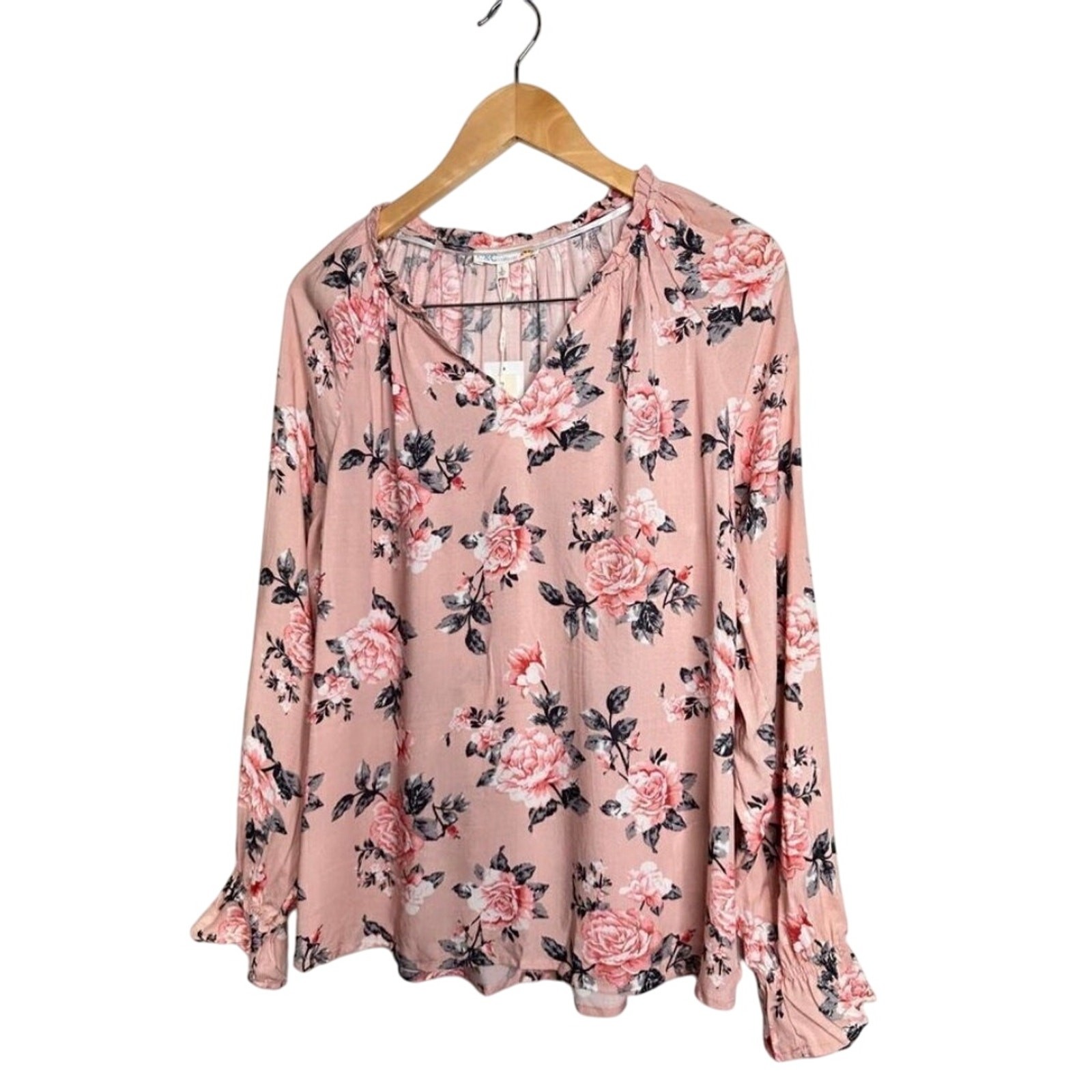 C&C California Floral Blouse Womens Pink V Neck Long Sleeve Size Large NEW