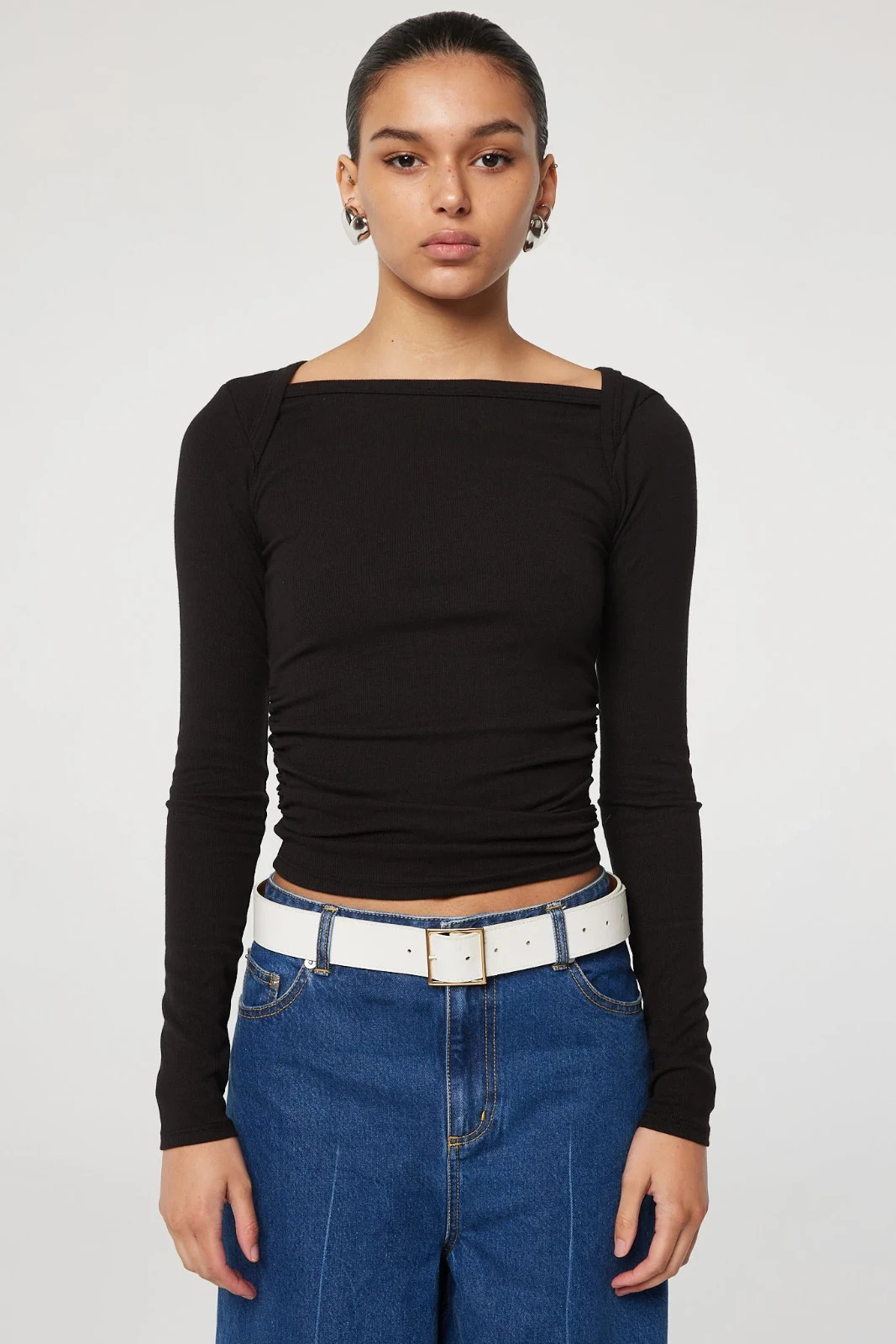NWOT The Line By K Becks Ruched Boatneck Long Sleeve Top in Black Women’s Size S