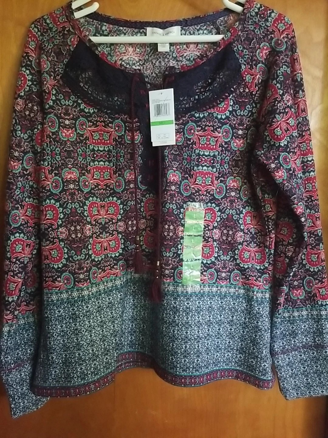 Vintage America Top Sz L Lace Waffle Knit Long Sleeve Print Tie Neckline NWT
