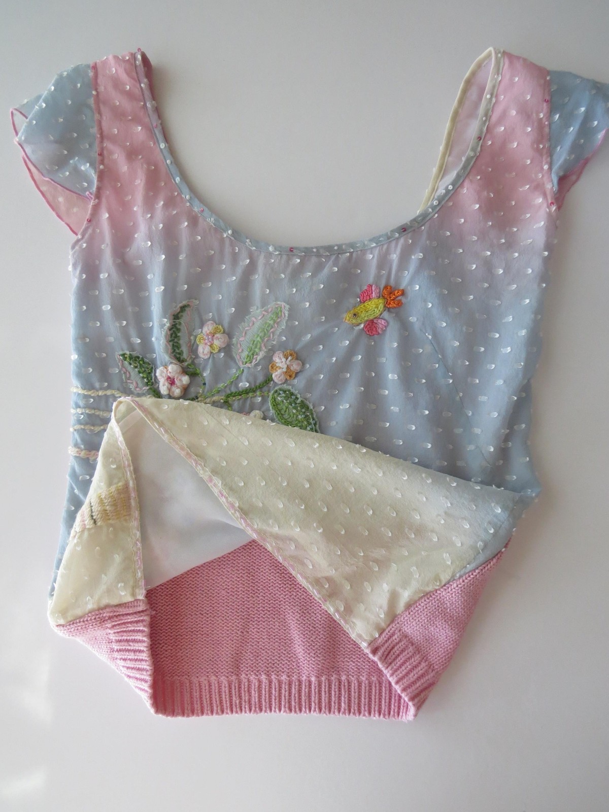 Vintage Italian Silk Blend Ombré Top, Crochet Beaded Blossom Embroidery, 2000s