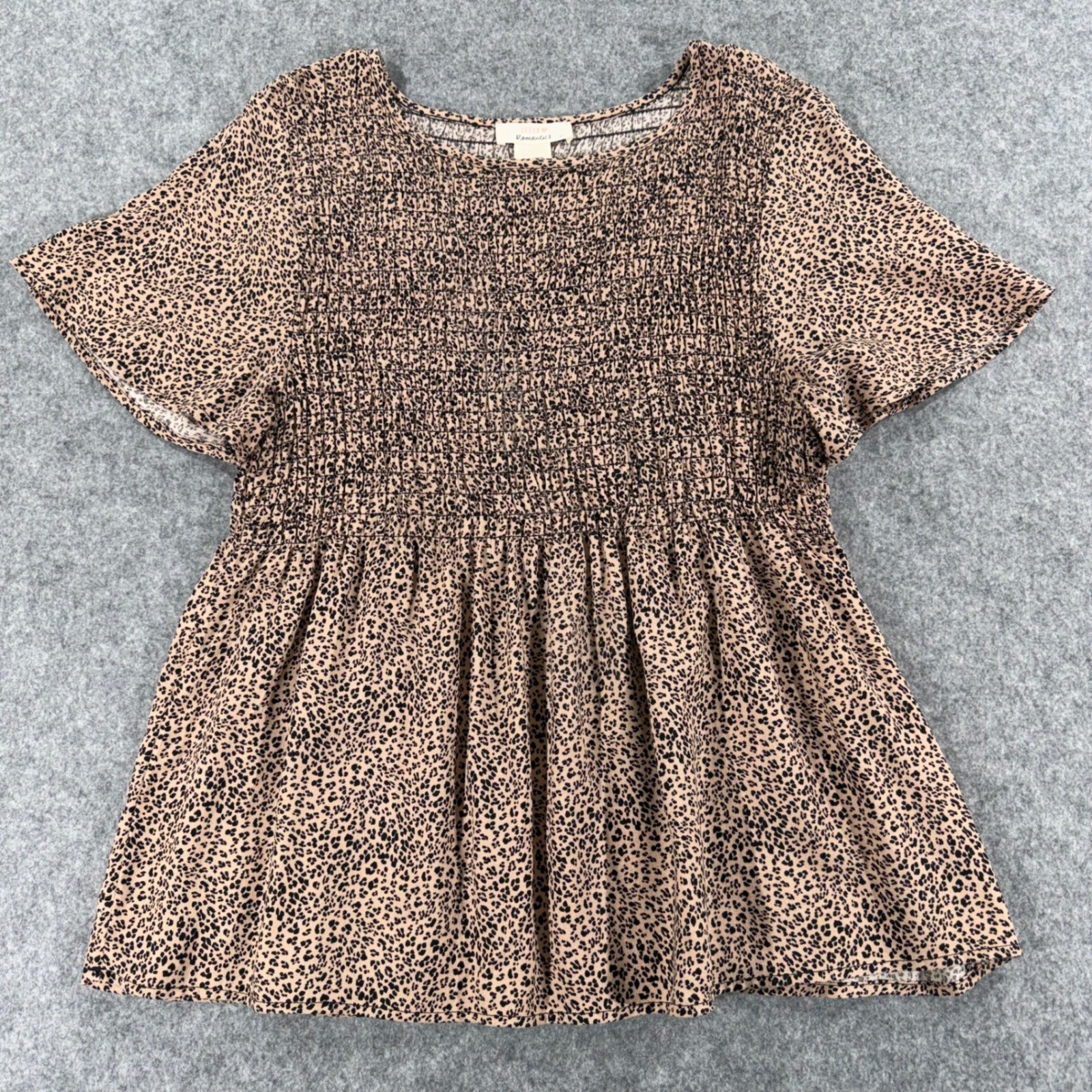 Urban Romantics Womens Large Smocked Animal Print Peplum Top Tan Black Rayon