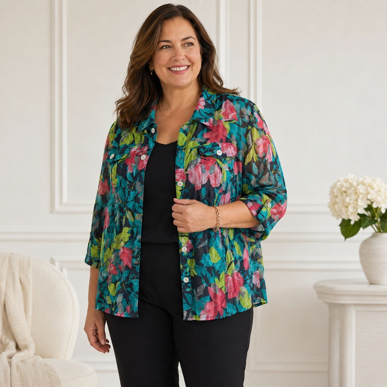 Ruby Rd Floral Sheer Jacket Womens 18 Multicolor 3/4 Sleeve Lightweight