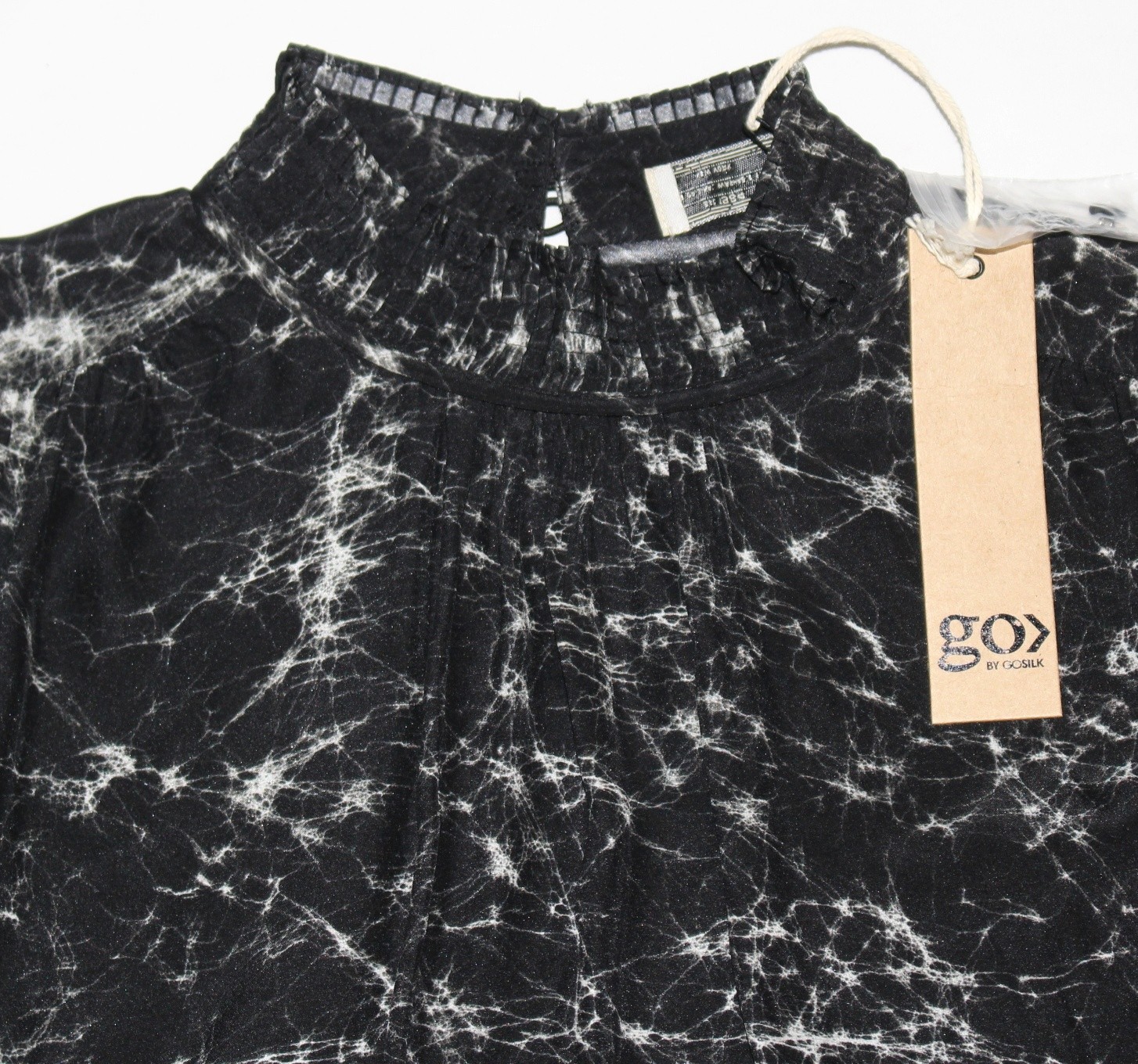 New $380 GoSilk NOIR PLEATES Blouse Women XS X-SMALL Black Marble GO SILK Shirt