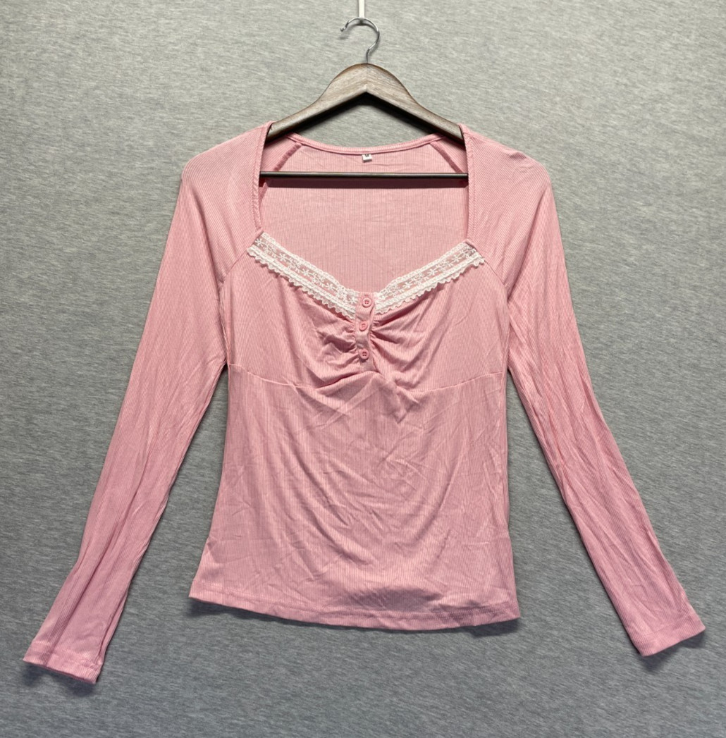 Women Blouse Top Medium Light Pink Viscose Ribbed Knit Lace Trim Sweetheart Neck