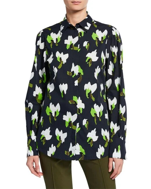 $600 ESCADA cotton floral print shirt top long sleeve sz 40 10 M L
