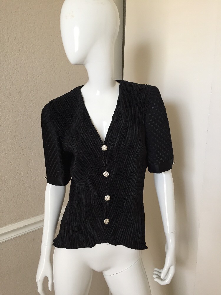 I.Magnin After Dark VINTAGE! Black Crinkled Silky Lined Blouse Crystal Buttons S