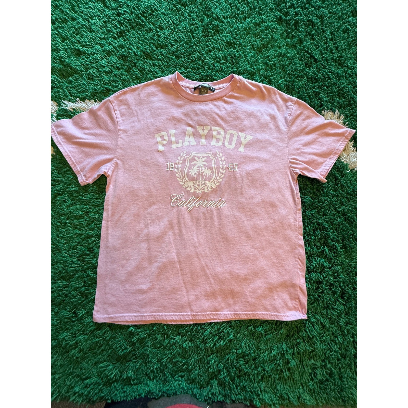 Playboy Graphic T-Shirt Womens Large Pink Good California Sport Club Crew Neck