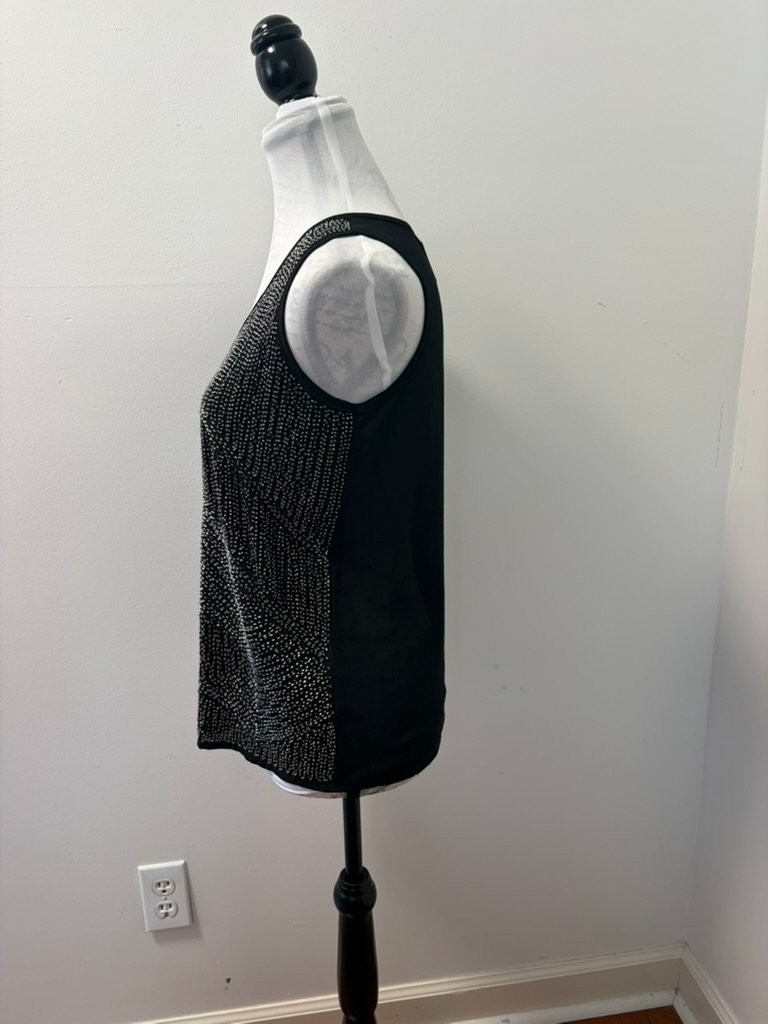 Cache Beaded Blouse Womens XS Black Silver Geometric Evening Cocktail Tank Top