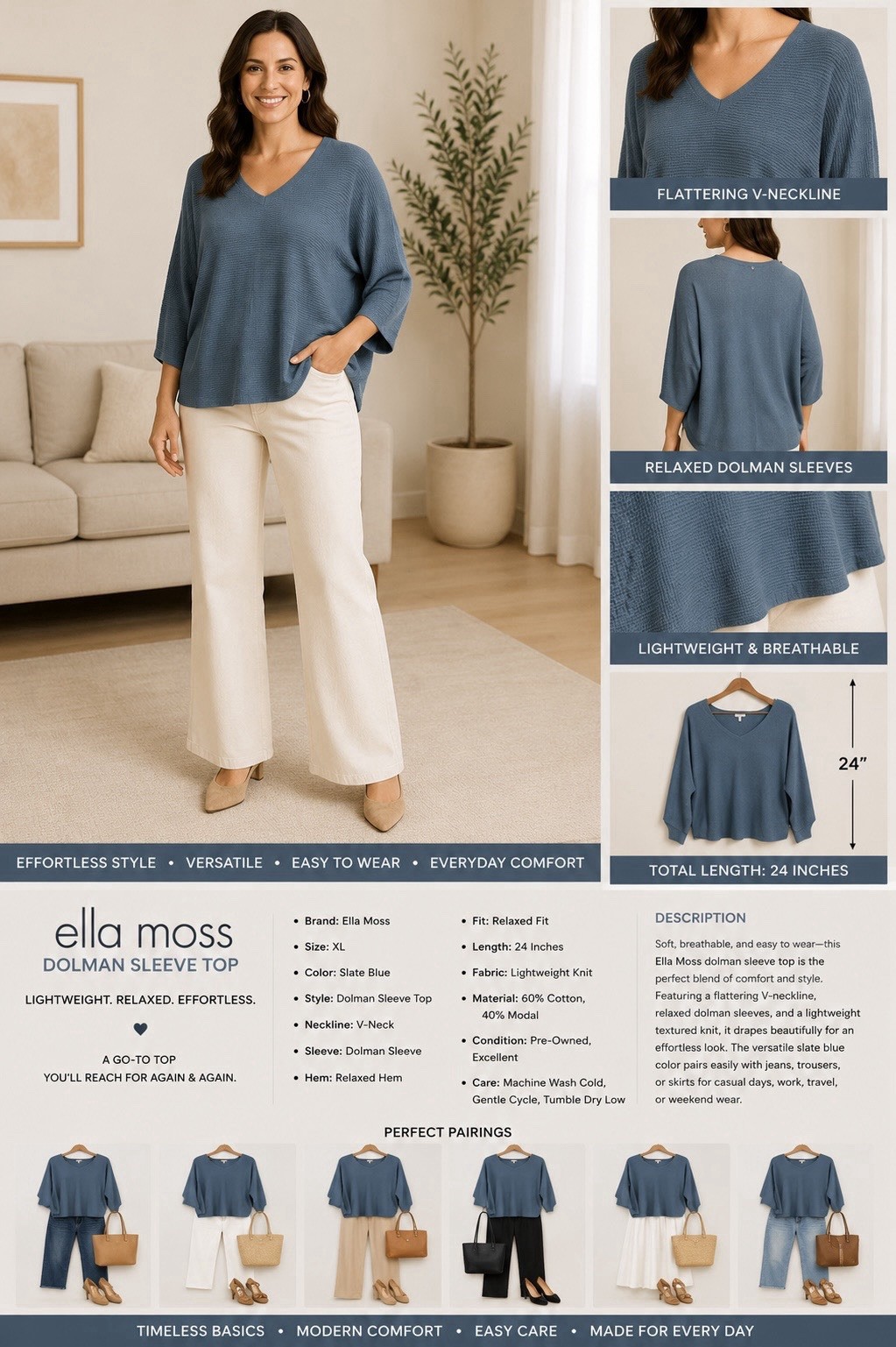 Ella Moss XL Blue/Green Dolman Sleeve Sweater Knit Top V Neck Relaxed Fit