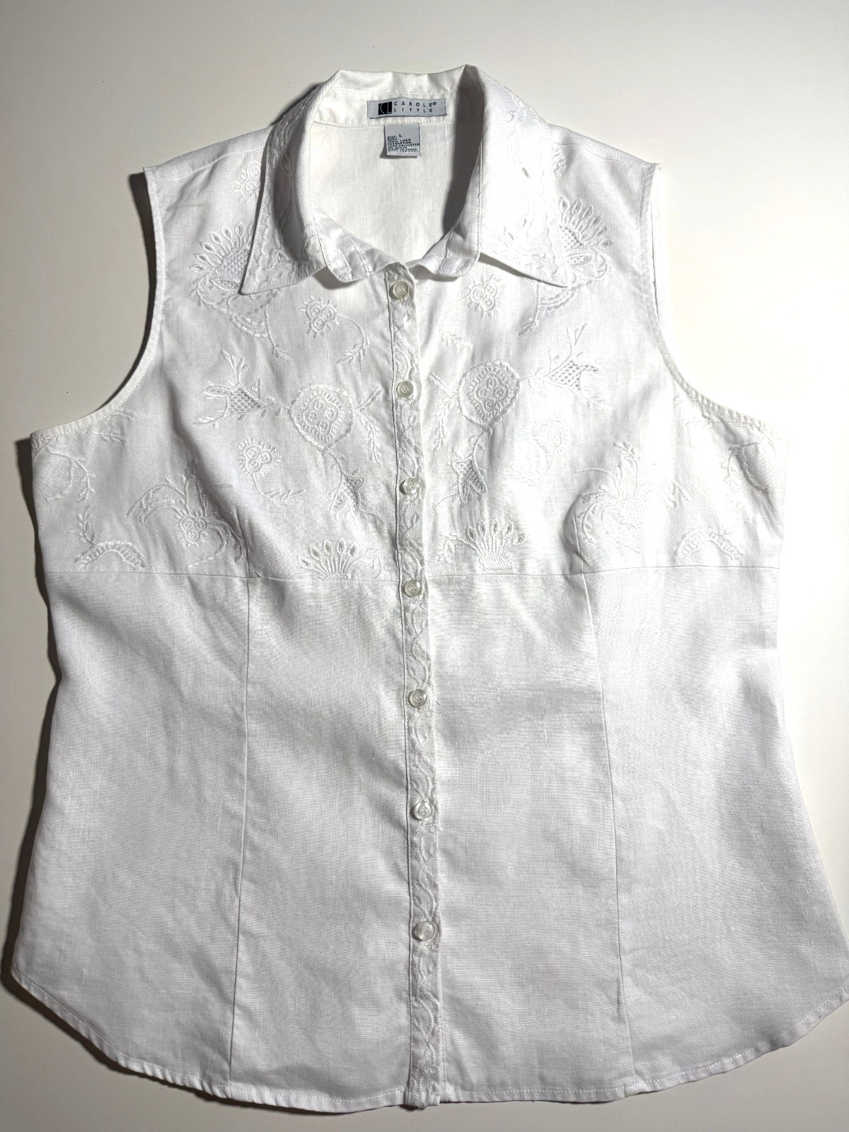Carole Little VTG Women’s White Embroidery 100% Linen Sleeveless Blouse Size L