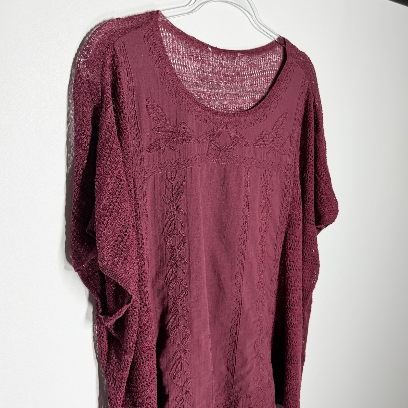 Coldwater Creek Tessa Tonal Sweater Short Sleeve Embroidered Top Red Wine 24653