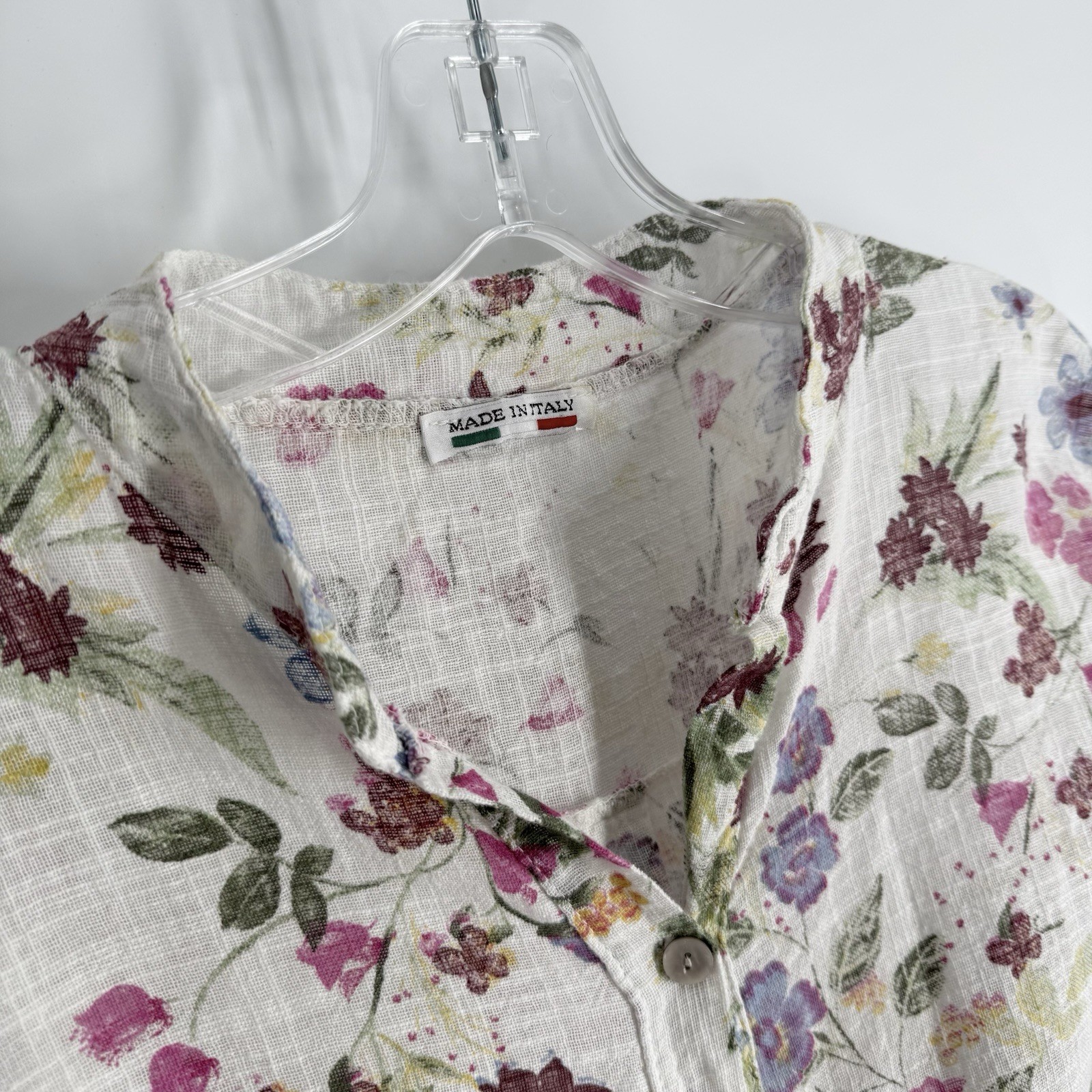 Made in Italy Blouse White Floral Cotton Roll Tab Sleeve Womens One Size S M L