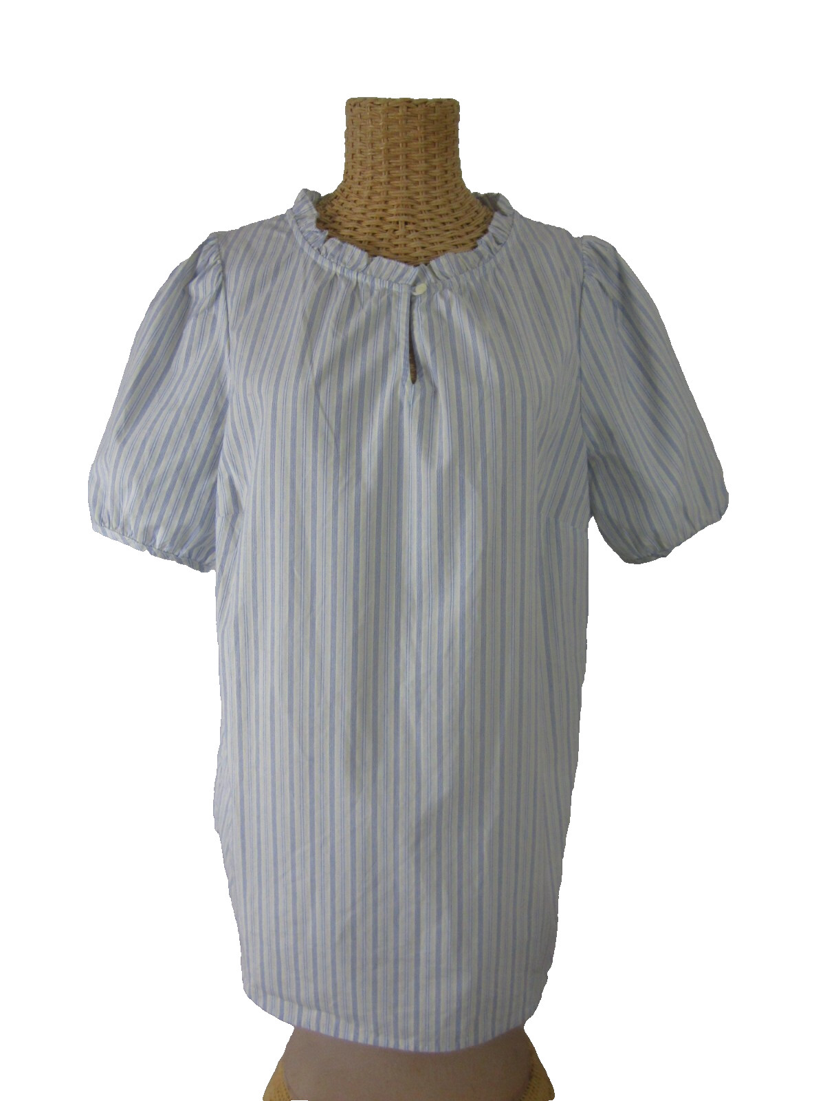 Talbots Womens L Blue White Yellow Striped Ruffle SS Blouse Peasant Shirt Cotton