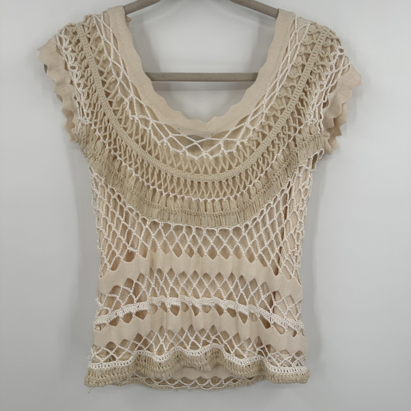 Dolce Cabo Sweater Womens Large Crochet Knit Sheer Boho Pullover Shirt