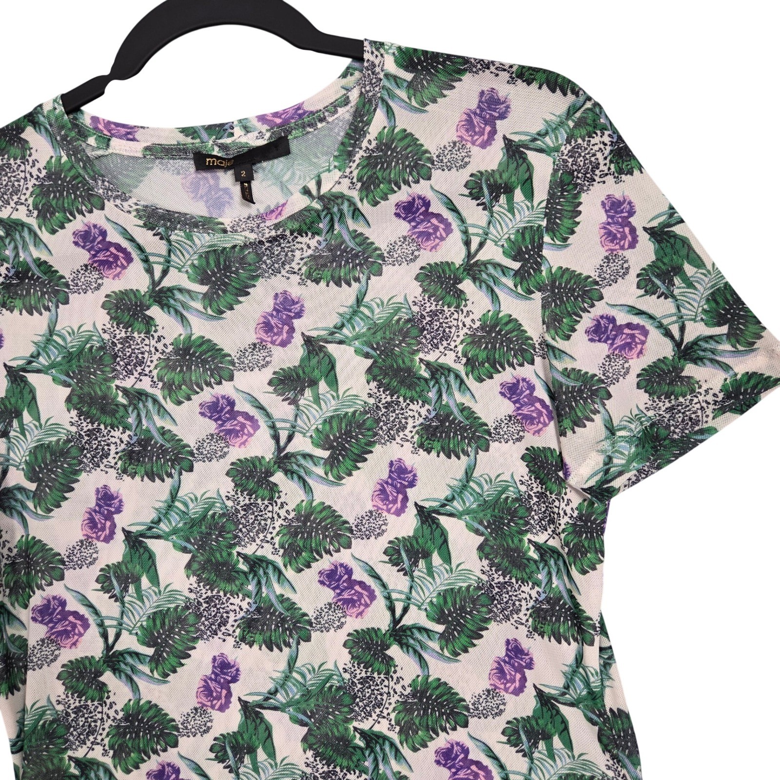 Maje Women 2 Mesh Thomasi Short Sleeve Top Floral Shirt Crewneck AOP Sheer