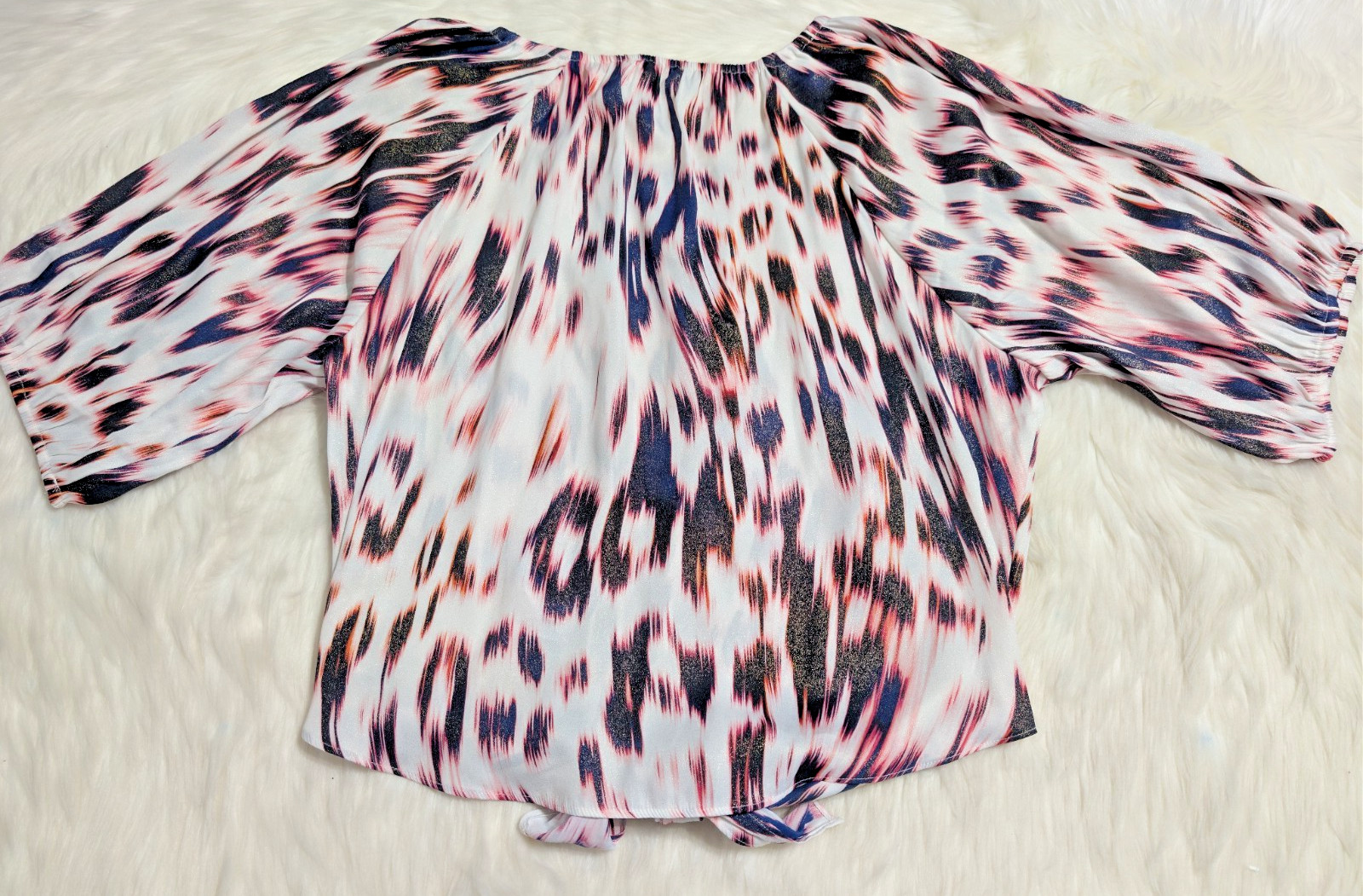 Jennifer Lopez Blouse Pink Black Blue Animal XS Front Tie Extra Small Shimmer