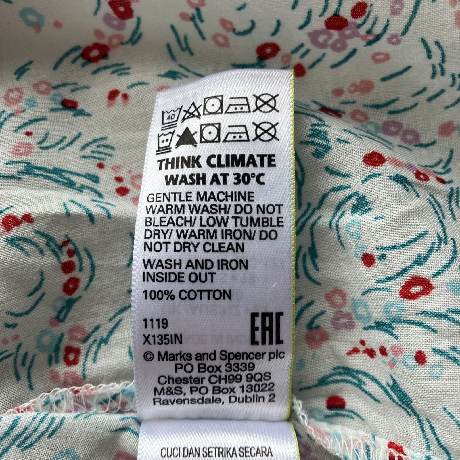M&S Collection Floral Cotton Blouse UK22 White/Pink/Red Roll Tab Sleeve Pleats