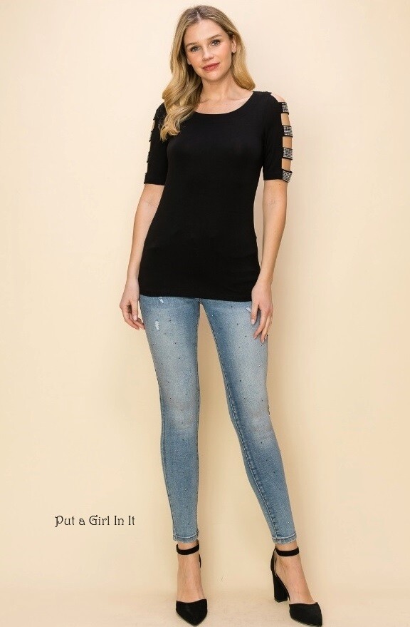 New VOCAL Womens USA BLACK CRYSTAL SOFT CUT OUT SHIRT S M L XL 1X 2X 3X 4X
