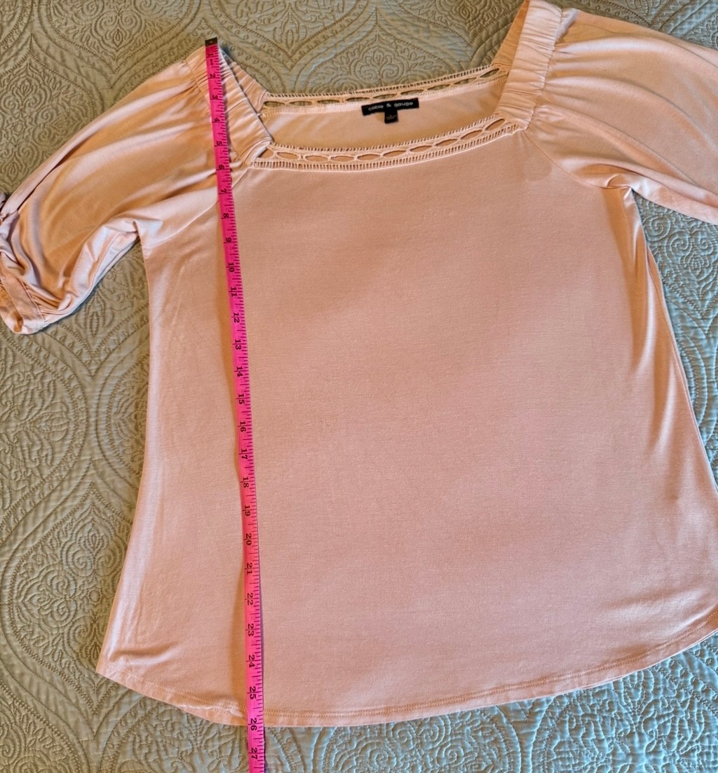 Women’s Cable & Gauge Blouse Size L Pink Crochet Neck Tie Sleeve Top