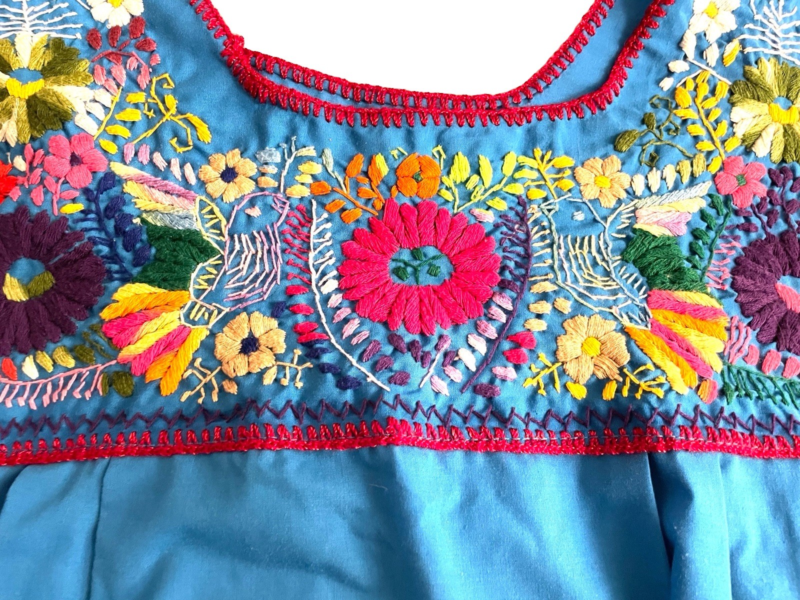 Mexican Peasant Blouse Hand Embroidered Bright Blue XL
