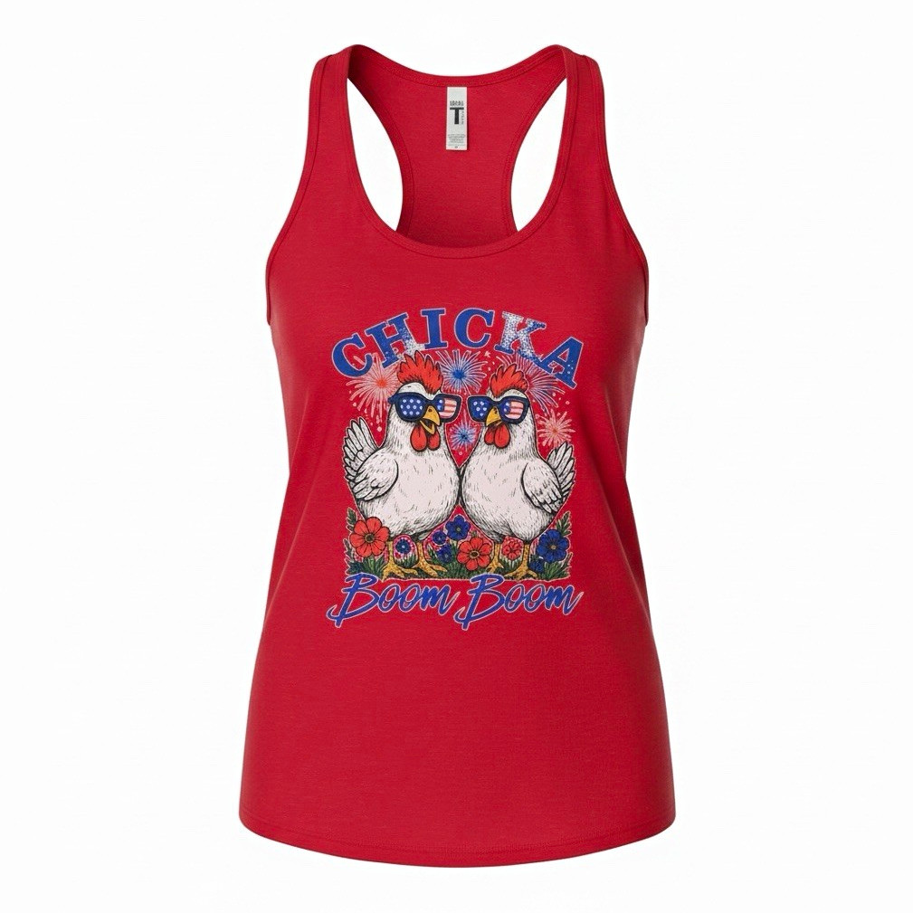 Women’s Red Racerback Tank Top Chicka Boom Boom Patriotic Graphic 2XL(fit XL)