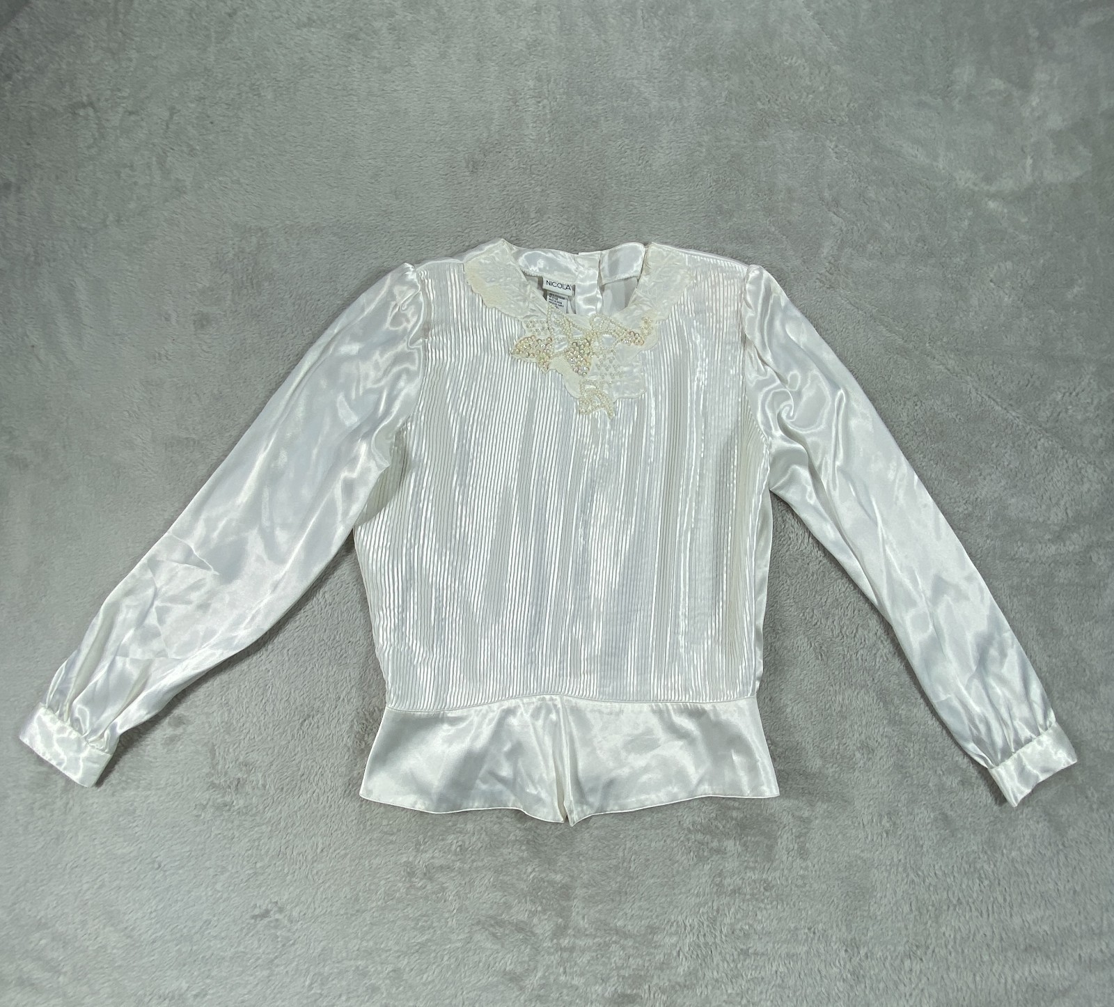Vintage Nicola Blouse Women 14 Gray Satin Pleated Beaded Lace Peplum Back Button