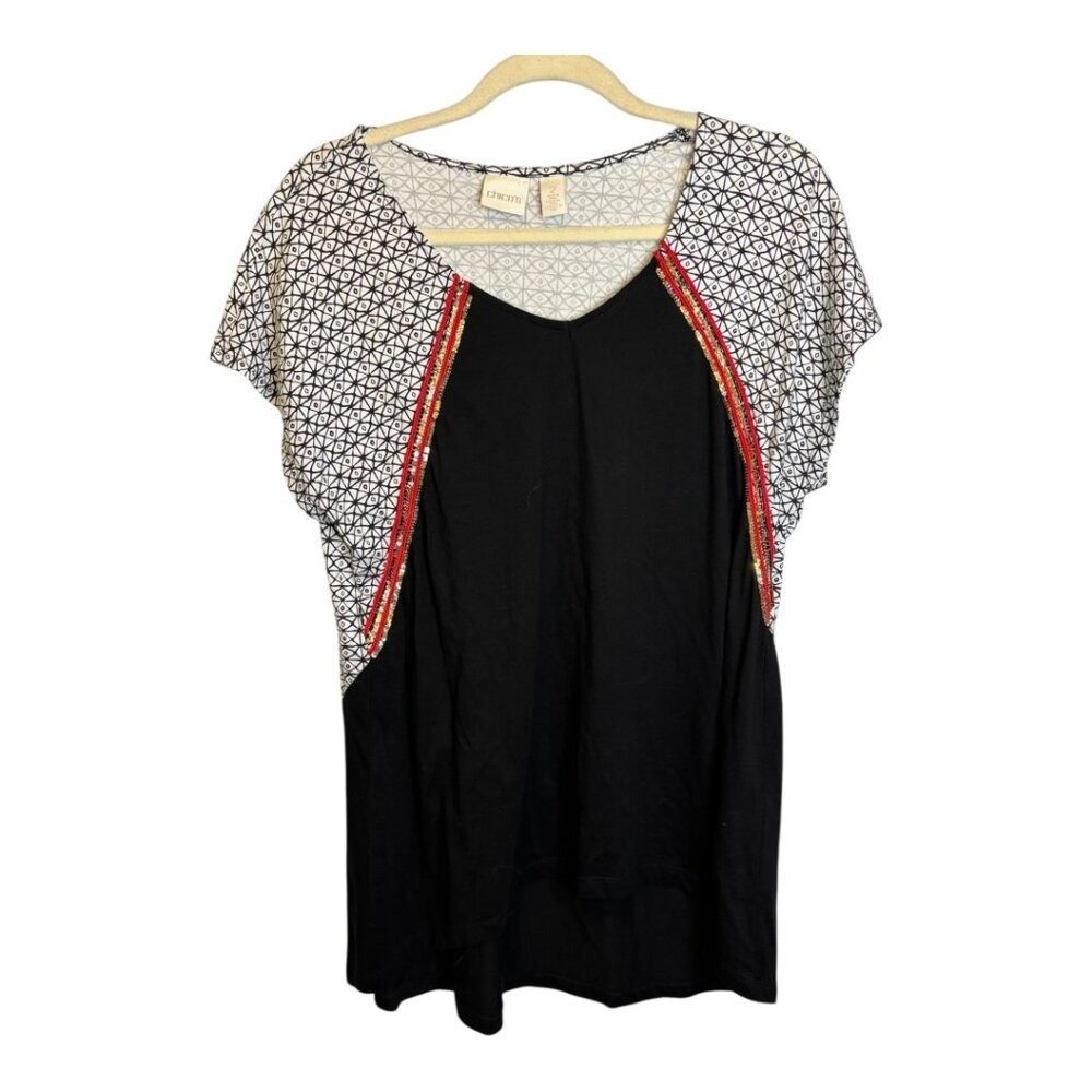 Chico’s Blouse Women’s size Large Sequins geometric black red white Chicos 2